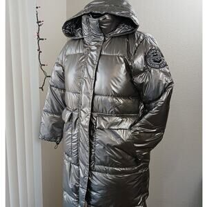 Metallic Silver Hooded Puffer Coat Large warm winter maximalism long line jacket